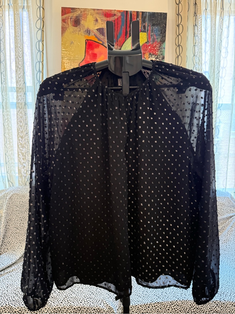 GAP Black Sheer Polka Dot Long-Sleeve Blouse Size Large
